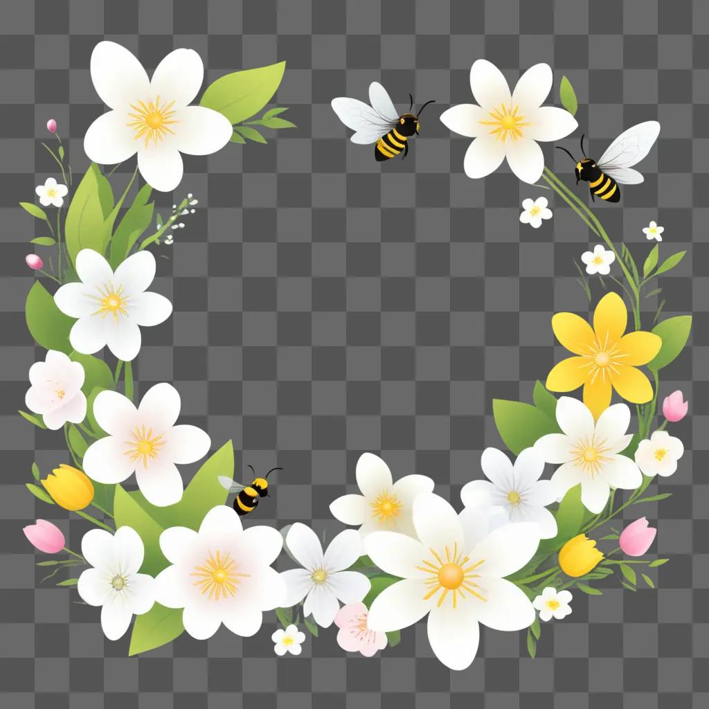 Spring flowers and bees in a wreath design