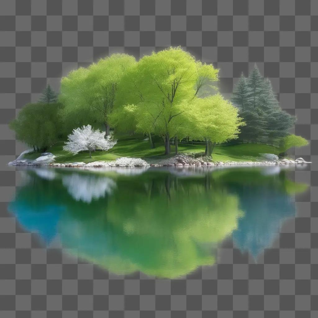 Springtime island with trees and water