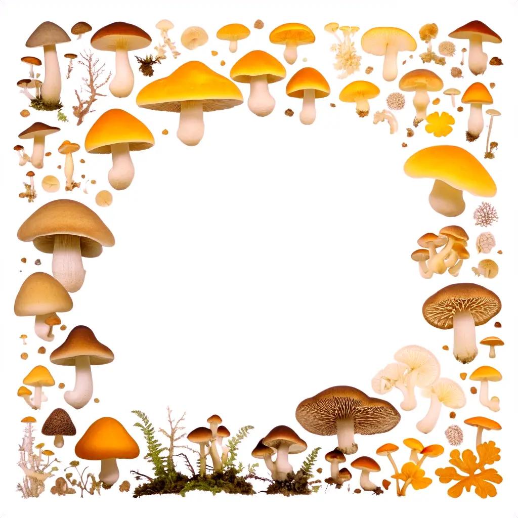 Square arrangement of various fungi with stems and caps