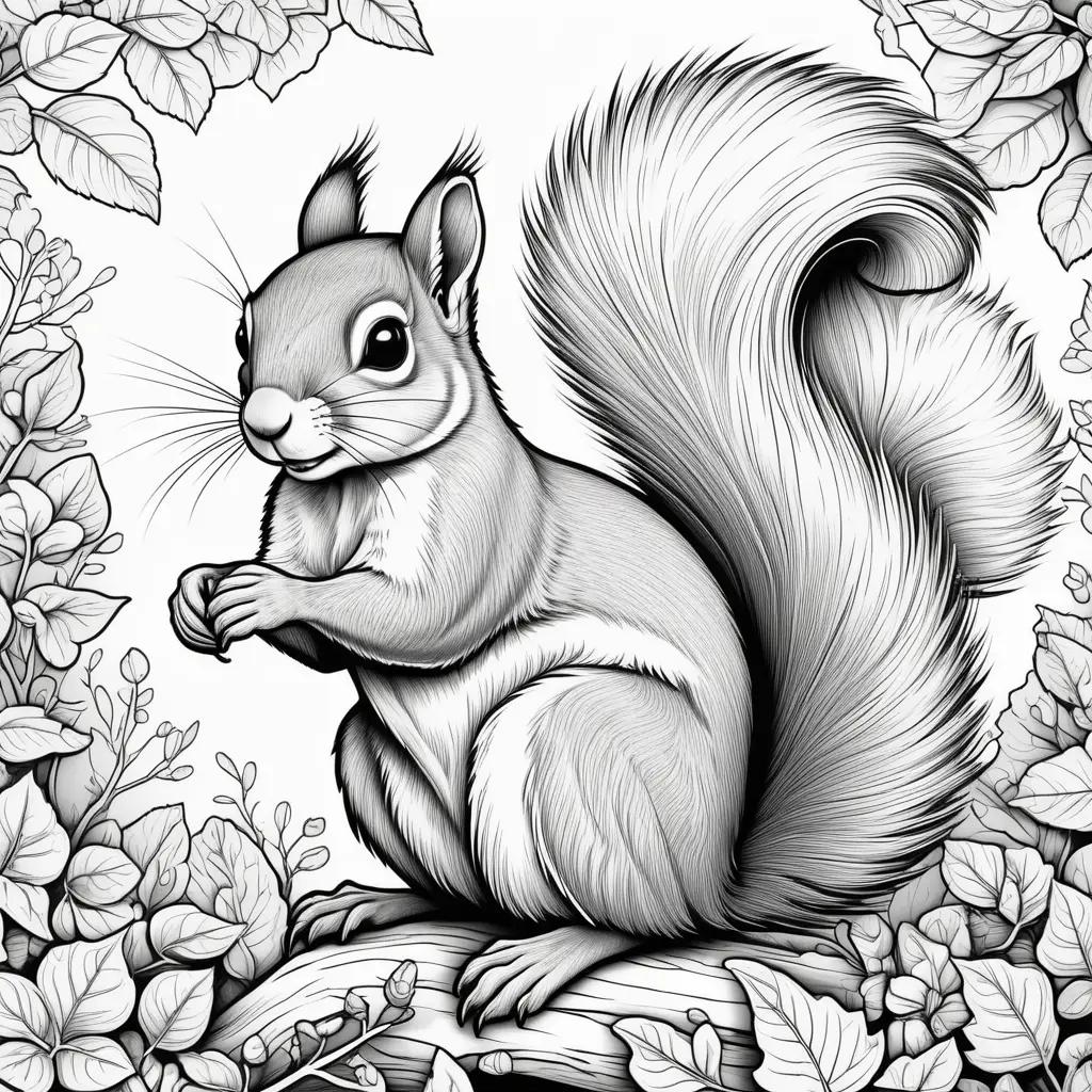 Squirrel coloring page with black and white illustrations