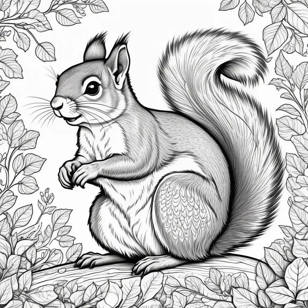 Squirrel coloring page with leaves and branches