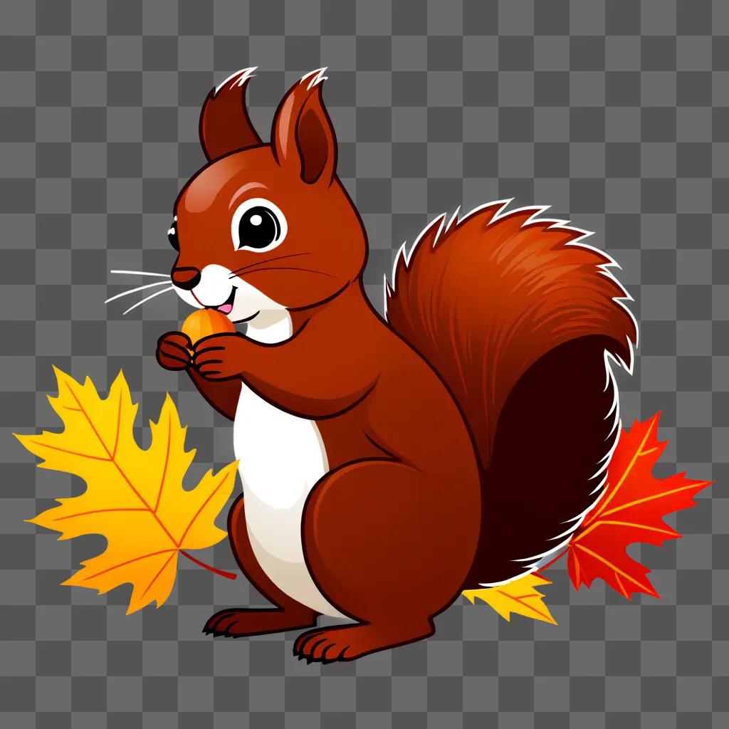 Squirrel with acorns and leaves in background