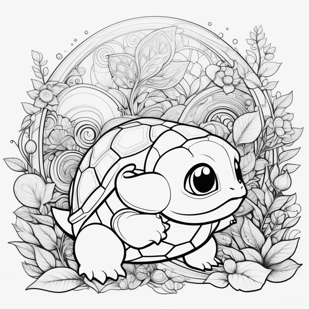 Squirtle coloring page with a variety of flowers and leaves