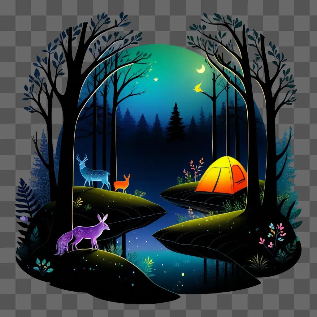 Srt: A night scene with deer and a tent