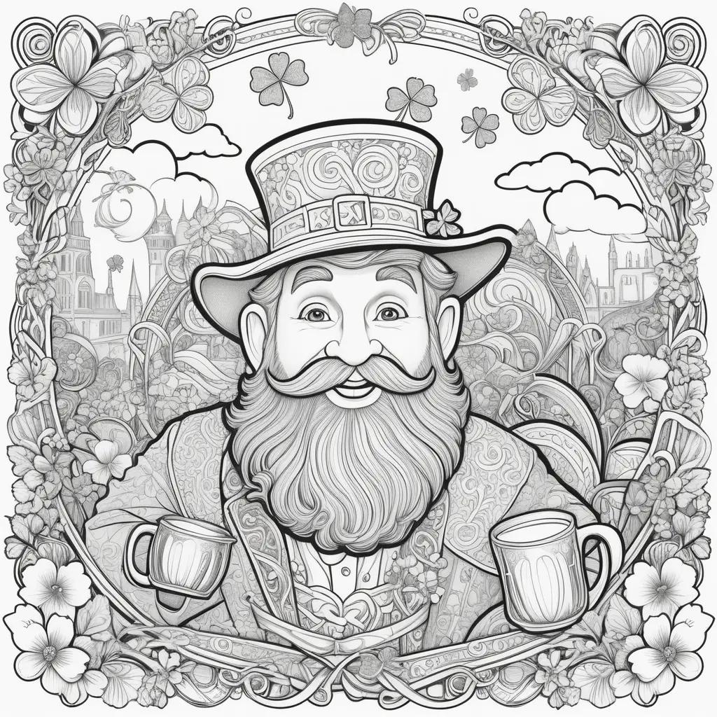 St Patricks Day coloring pages featuring a bearded man with a top hat and a beer mug