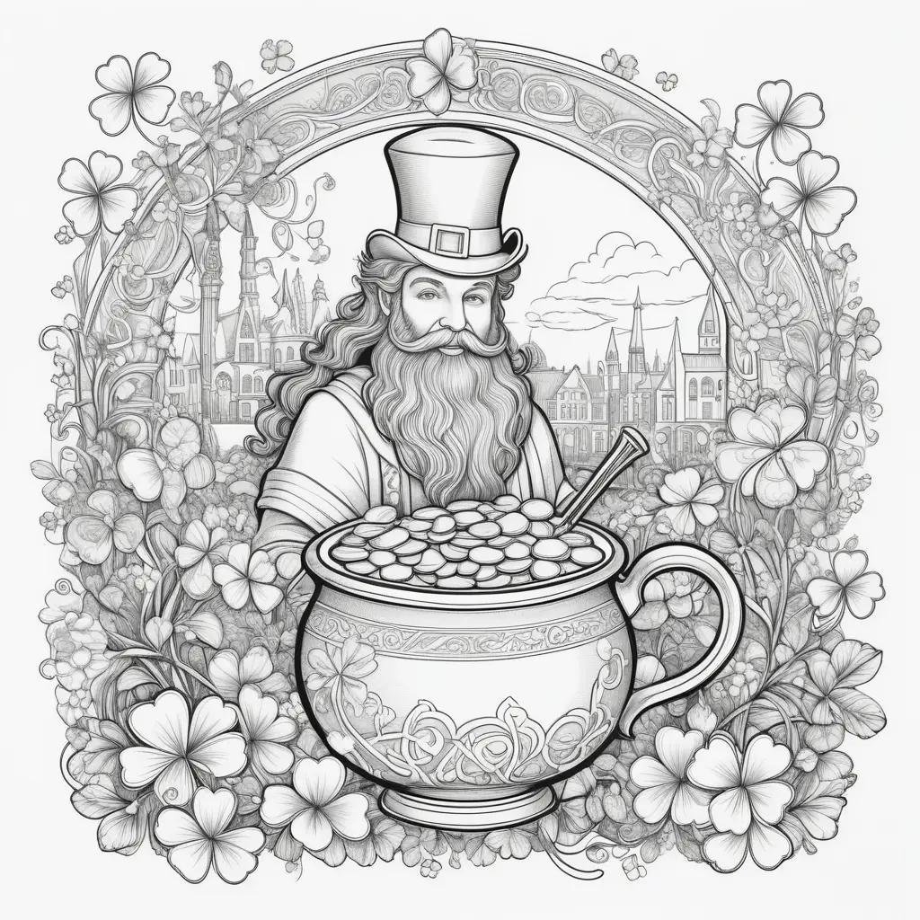 St Patricks Day coloring pages with a bearded man and pot of gold