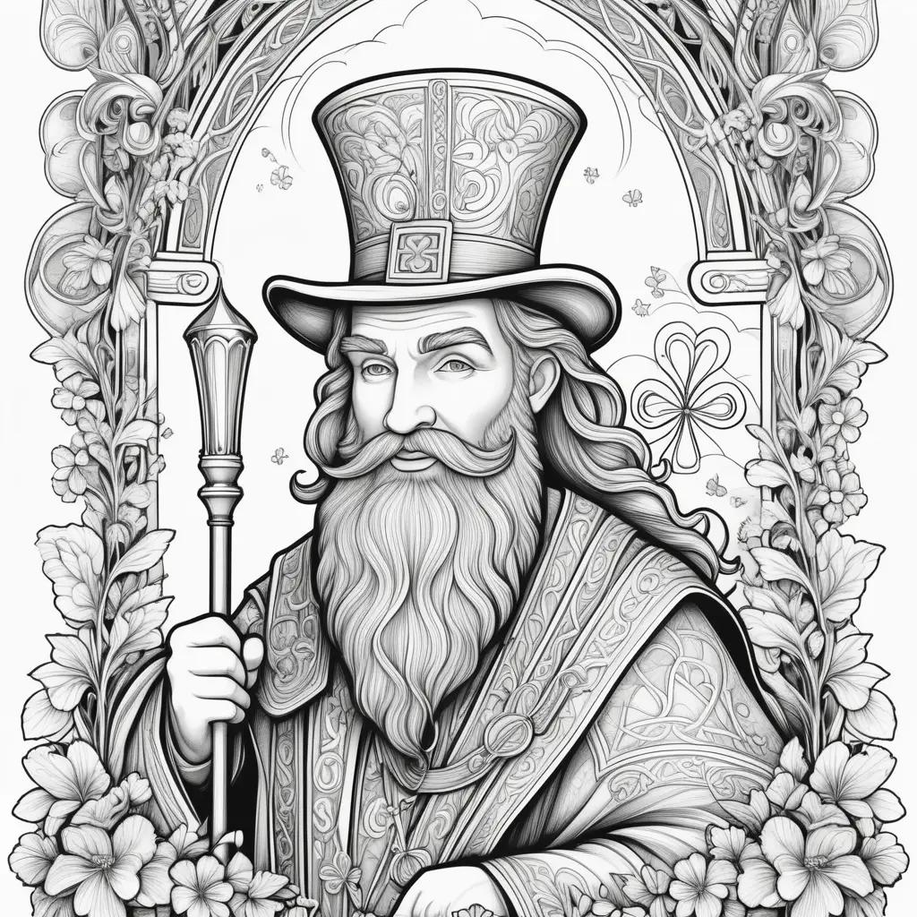 St. Patrick coloring page features a bearded man and shamrocks