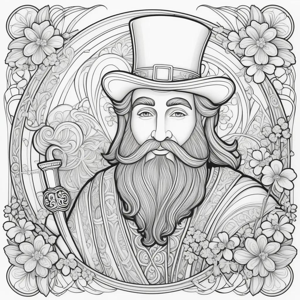 St. Patrick coloring page features a bearded man with a hat and sword