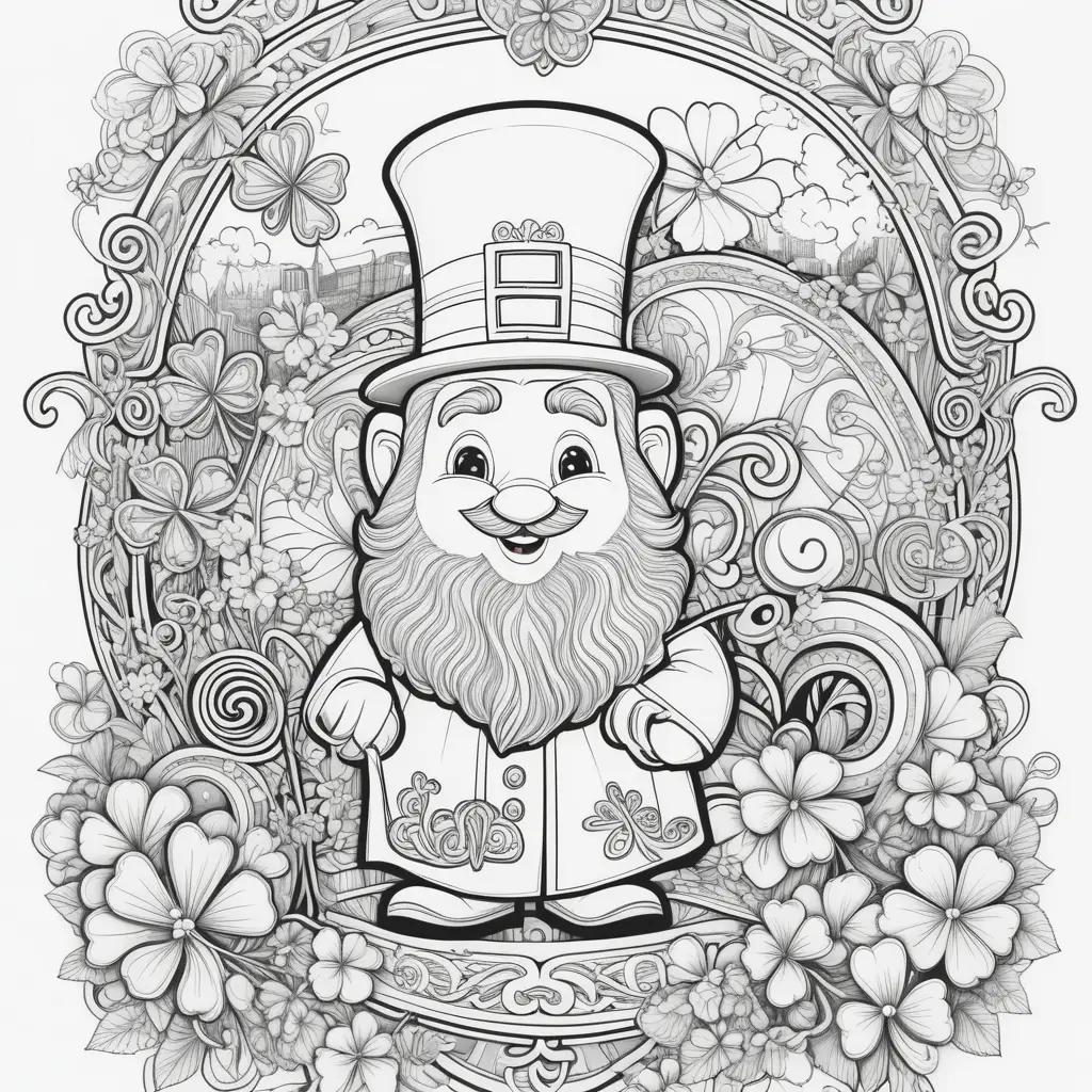 St. Patricks Day coloring page featuring a gnome and flowers