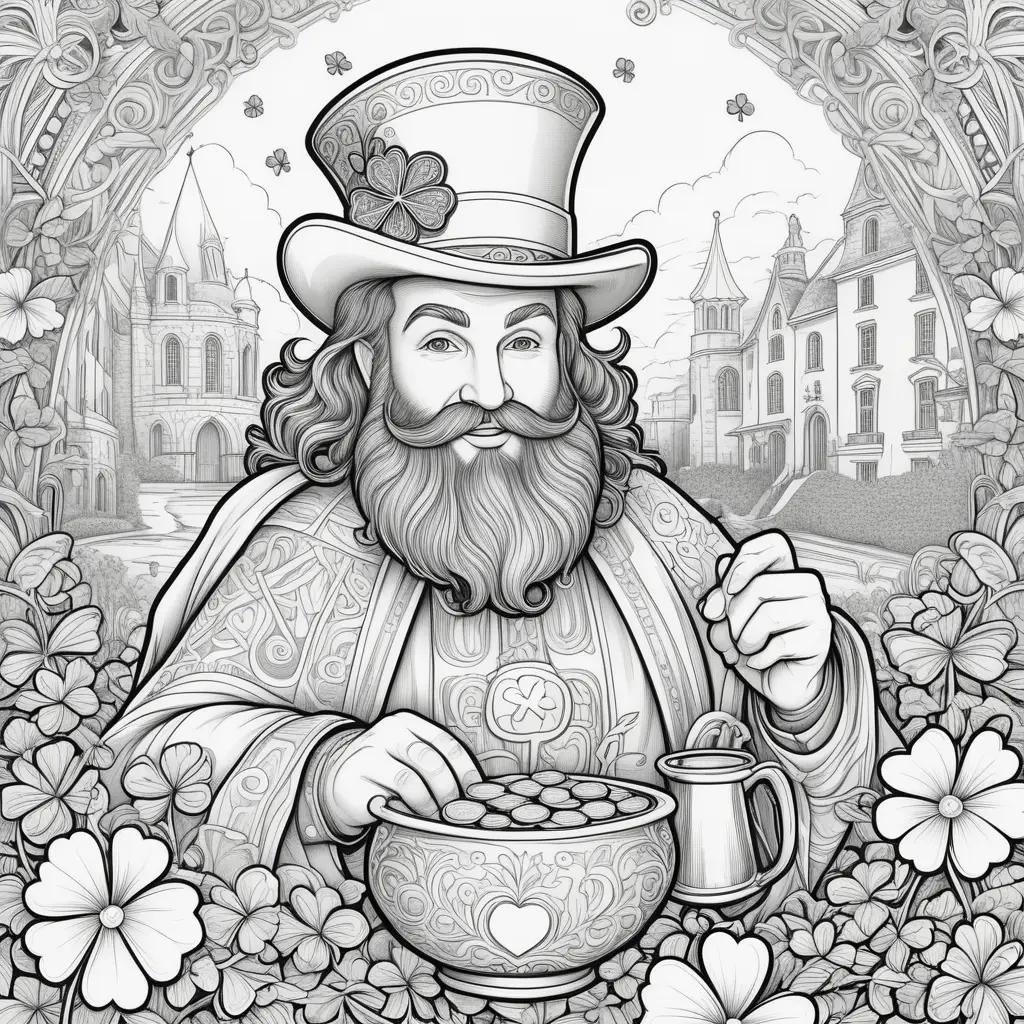 St. Patricks Day coloring pages featuring a man and a bowl of gold coins