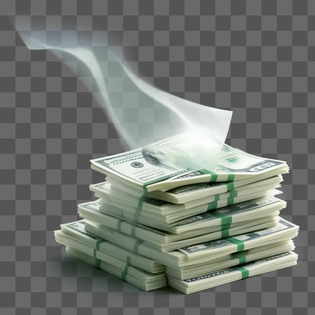 Stack of money billows with smoke