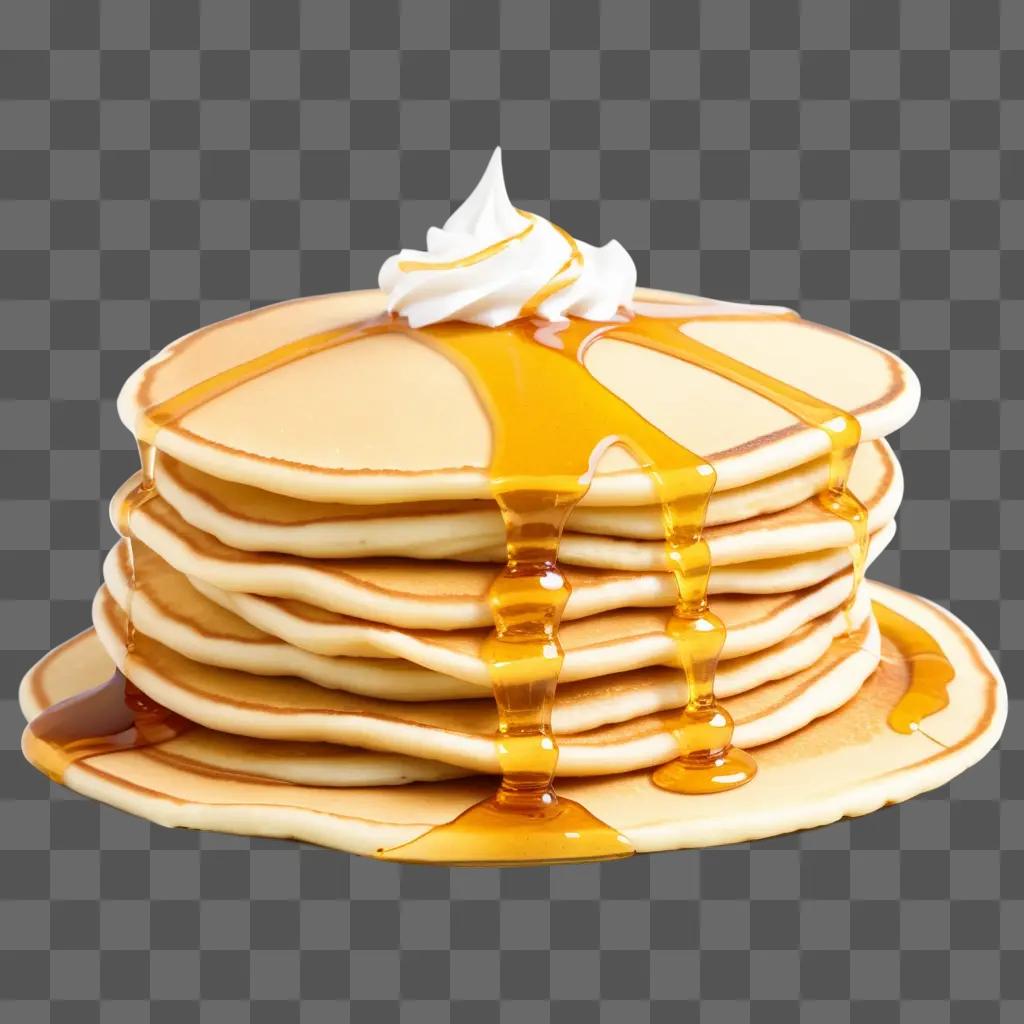 Stack of pancakes with syrup and whipped cream