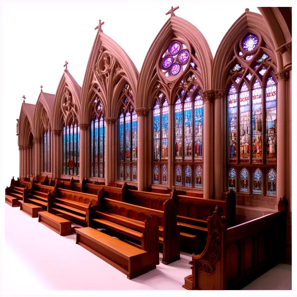 Stained glass church windows and wooden pews