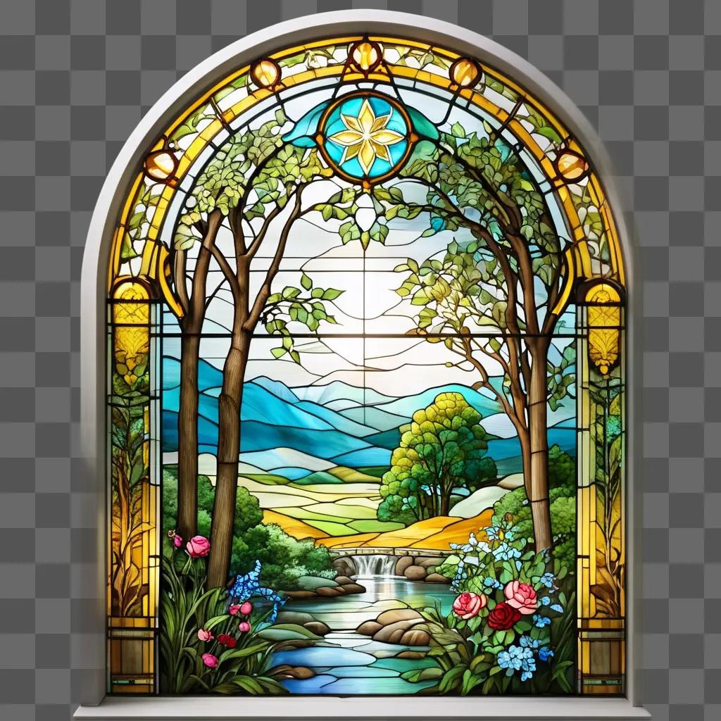 Stained glass window depicts a serene landscape with trees and flowers