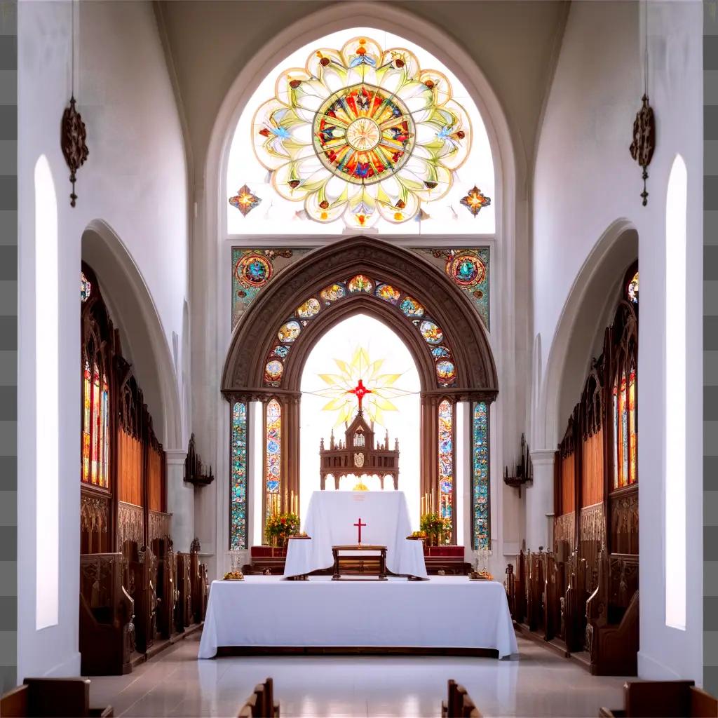 Stained glass windows and a table in a church