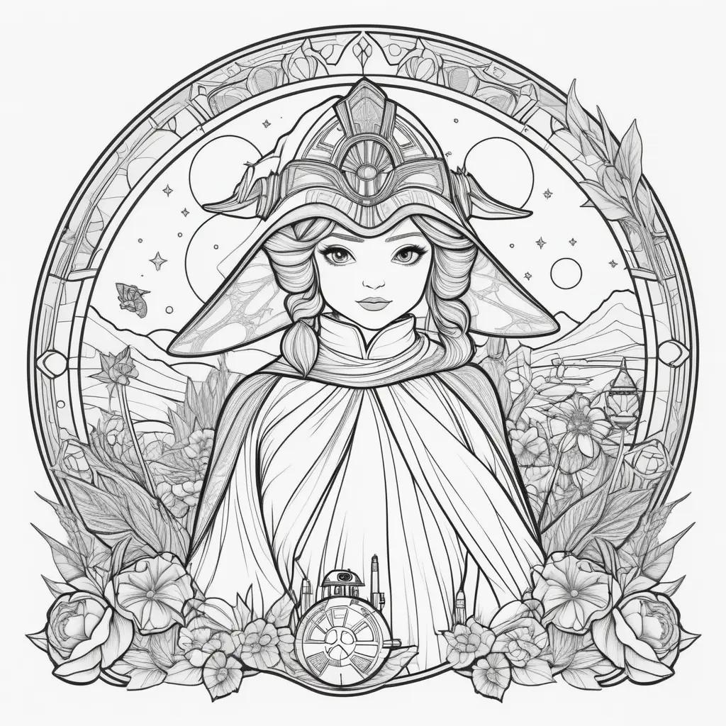 Star Wars coloring page features a woman with a hat and flowers