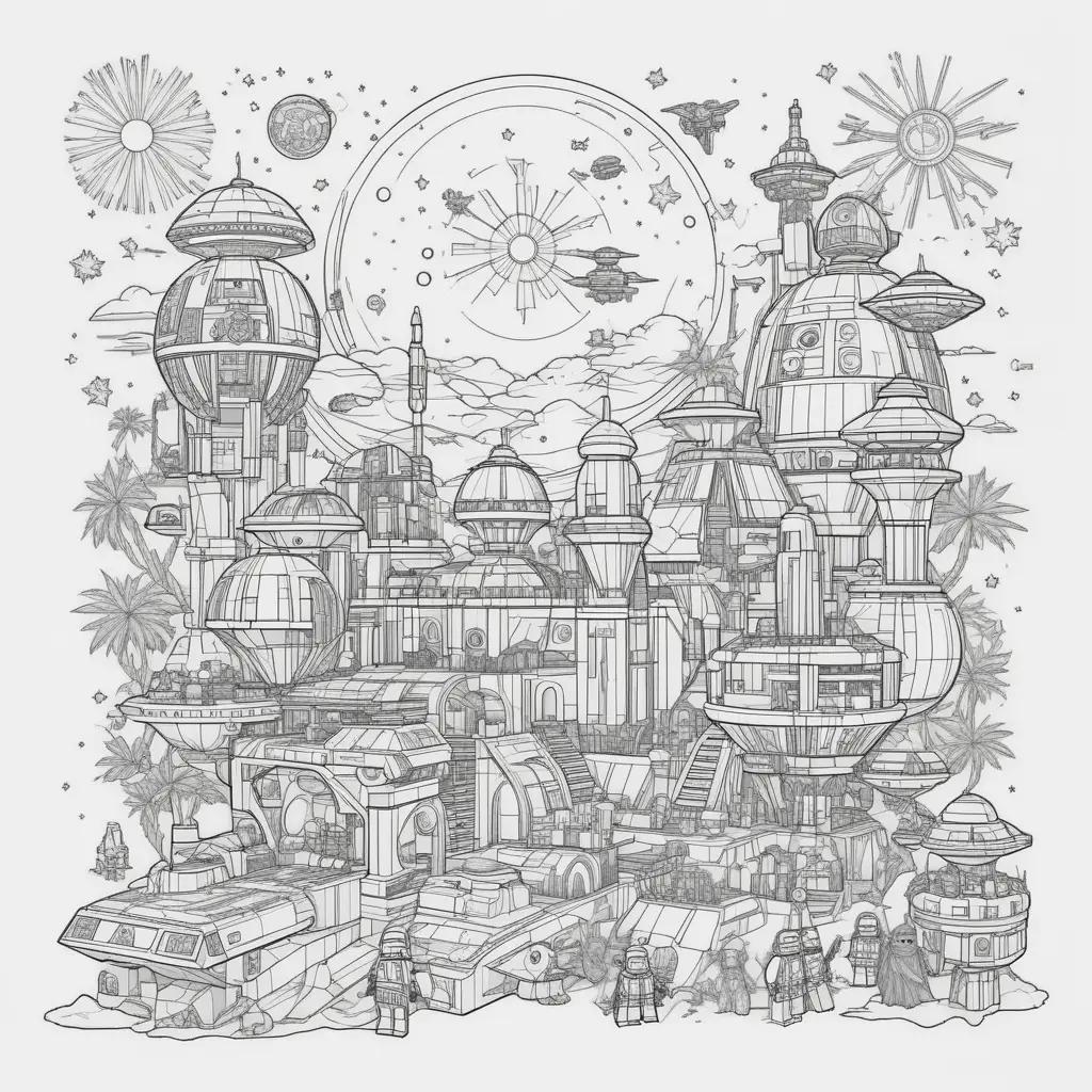 Star Wars coloring page featuring a city and space scene