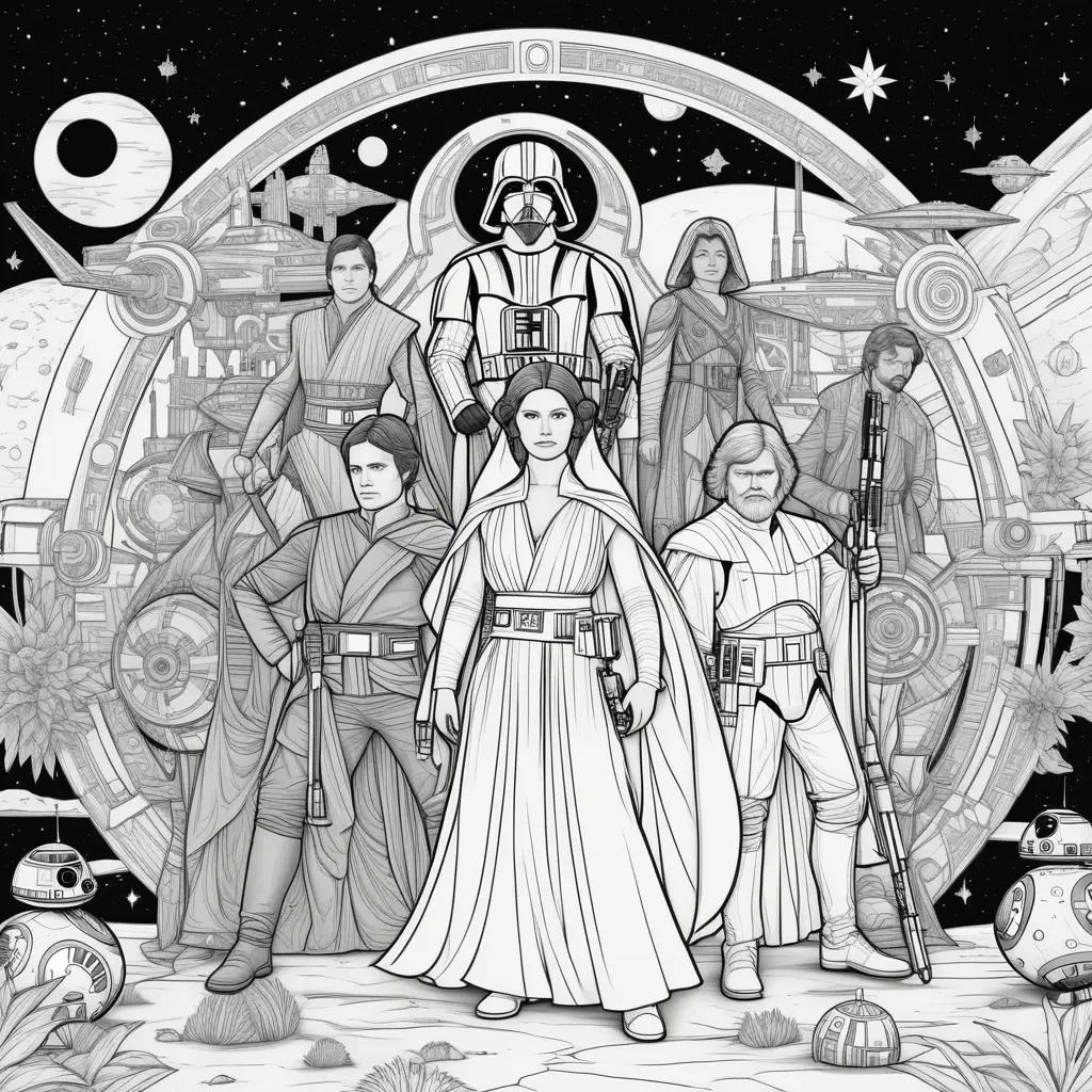 Star Wars coloring page featuring a group of characters