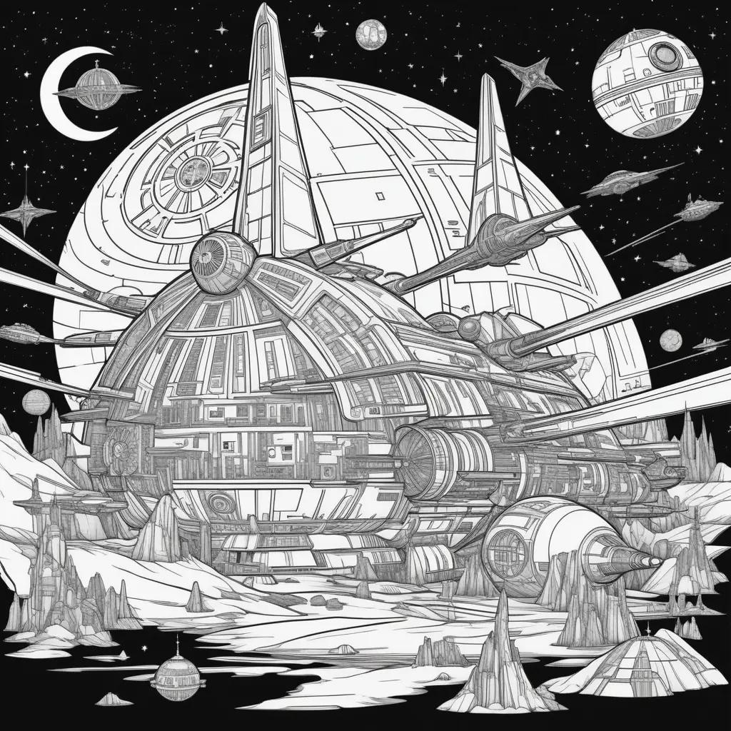 Star Wars coloring page shows a spaceship and a moon