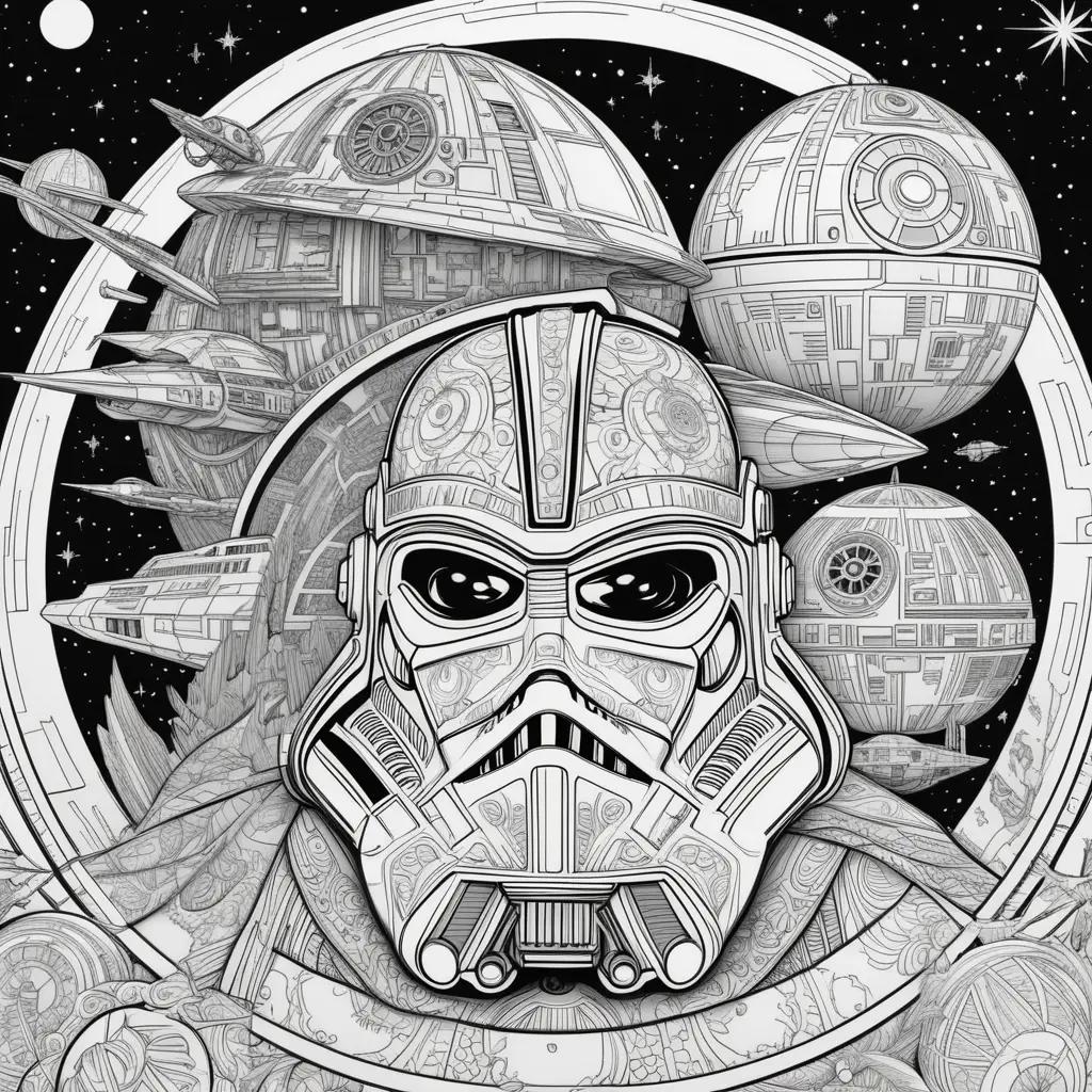 Star Wars coloring page with a Stormtrooper and spaceships