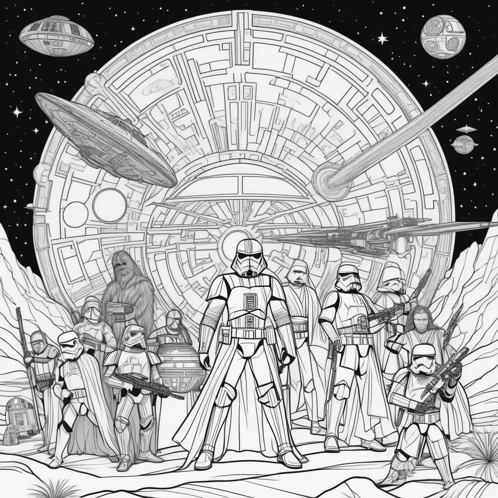 Star Wars coloring page with a spaceship and characters