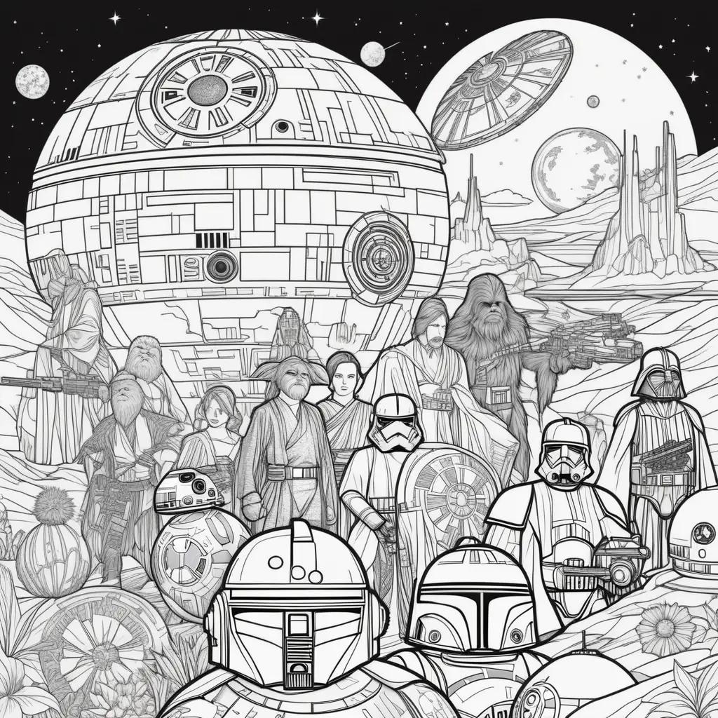 Star Wars coloring page with black and white characters