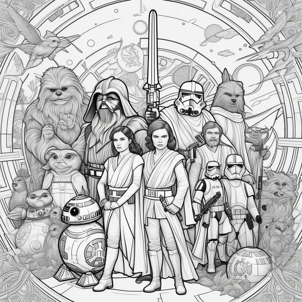 Star Wars coloring pages: a group of characters in a circle