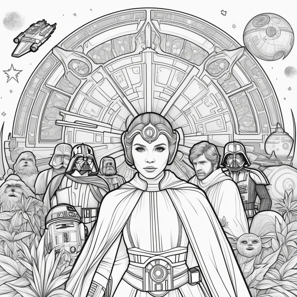 Star Wars coloring pages featuring Princess Leia and various other characters