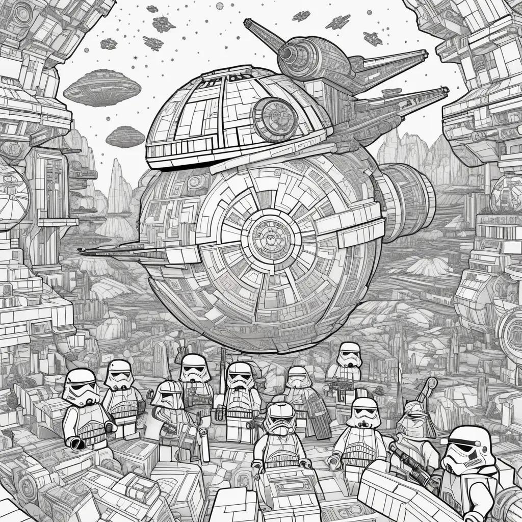 Star Wars coloring pages featuring a spaceship and stormtroopers