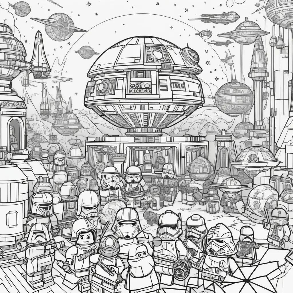 Star Wars coloring pages featuring a variety of characters and spaceships