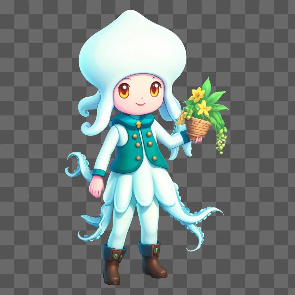 Stardew Valley Squid Kid holding a plant