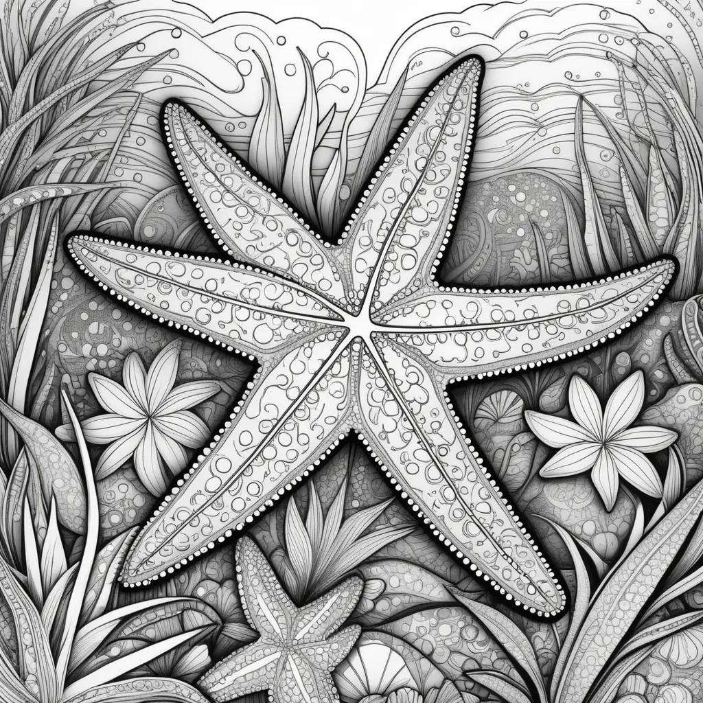 Starfish coloring page with black and white floral background