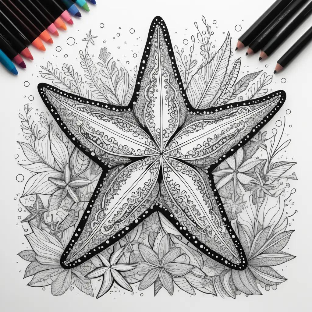 Starfish coloring page with color pencils and pens