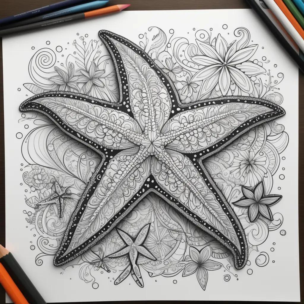 Starfish coloring page with intricate designs and various flowers