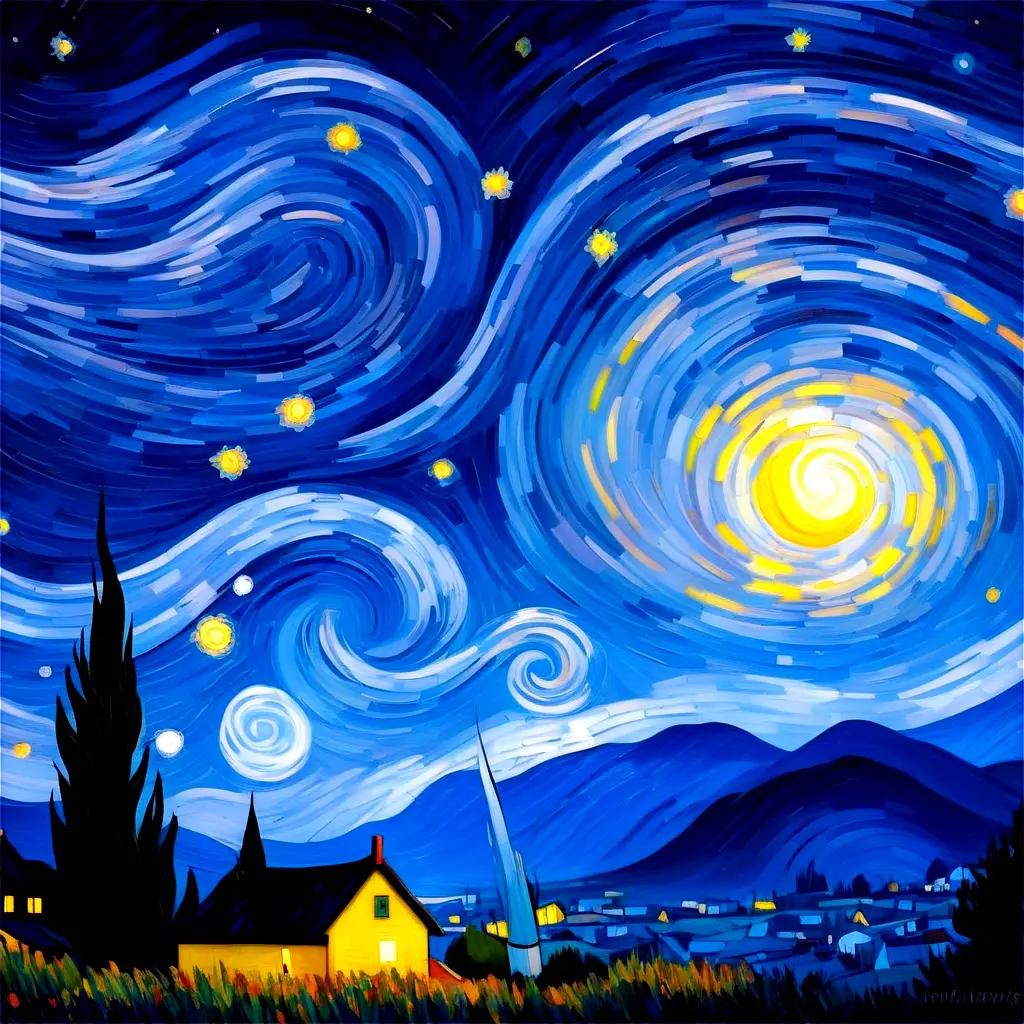 Starry Night with yellow house and clouds