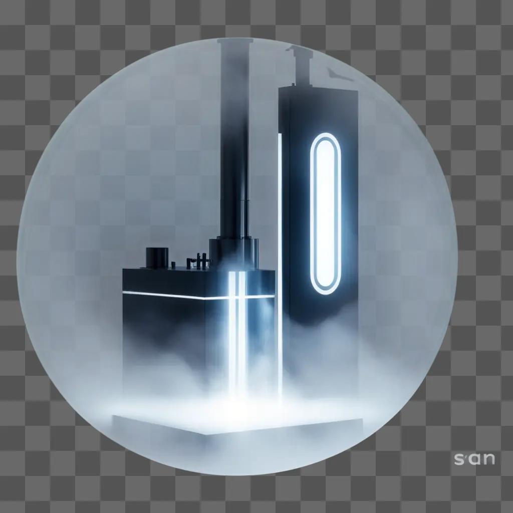 Steamy transparent cylinder in a foggy cityscape