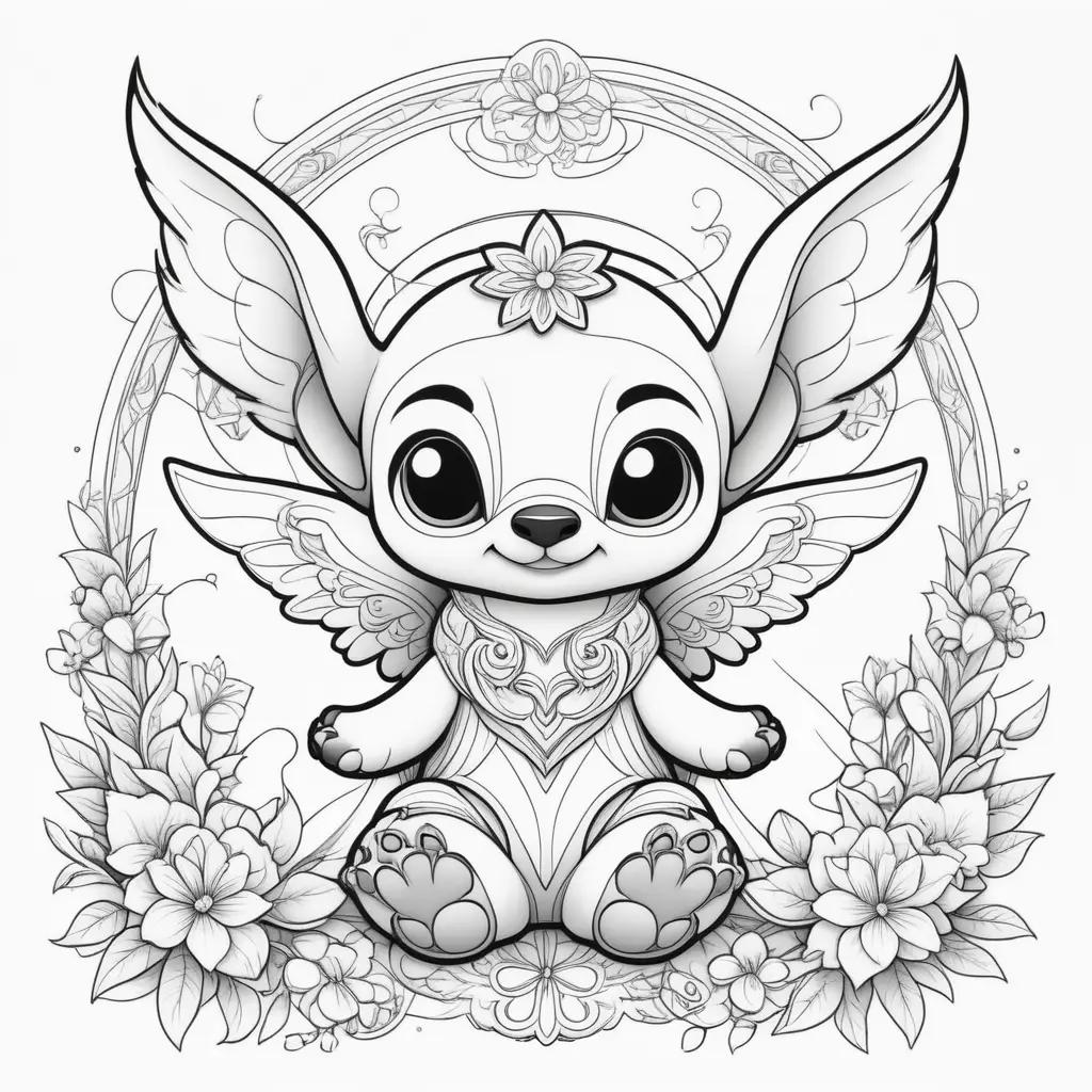 Stitch angel coloring pages with floral decoration