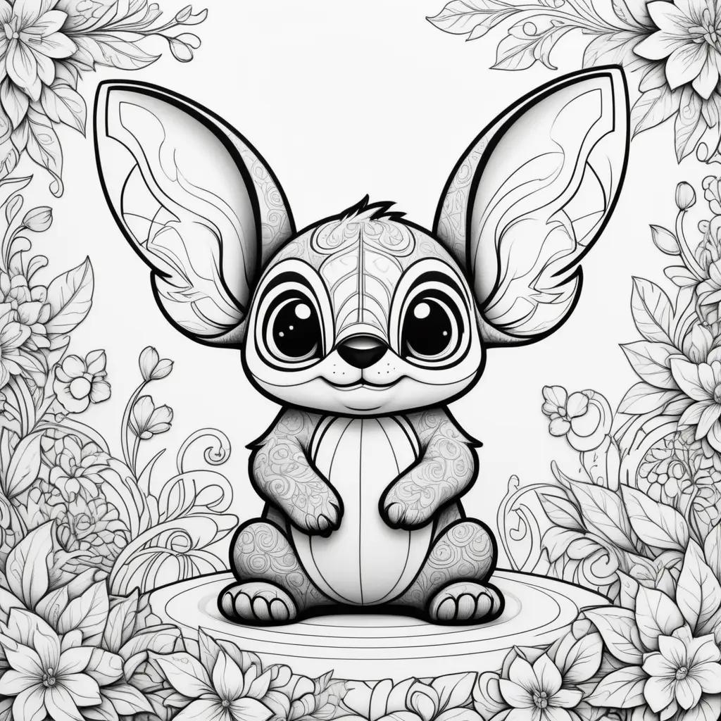 Stitch coloring page featuring a rabbit with a flower in its mouth