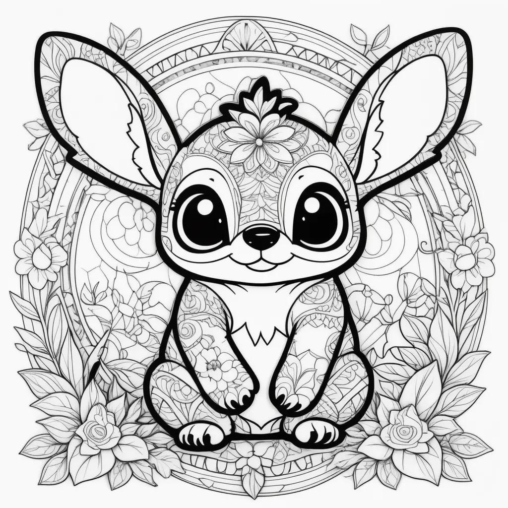 Stitch coloring page with flowers and animals