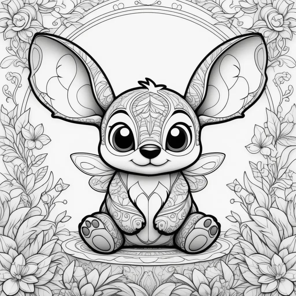 Stitch coloring page with flowers and leaves