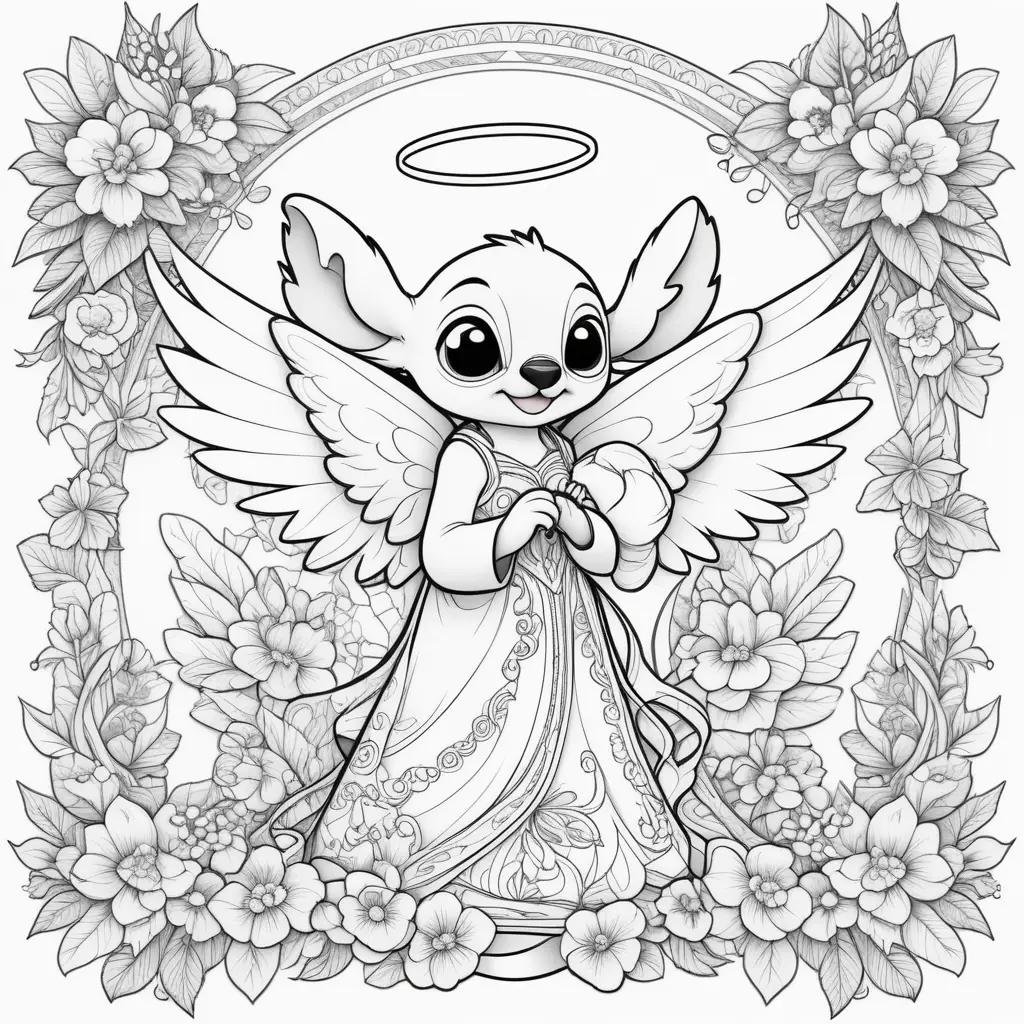 Stitch coloring pages featuring a cute angel with flowers around it