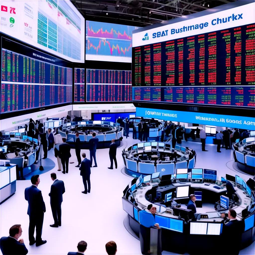 Stock market filled with many people and large screens