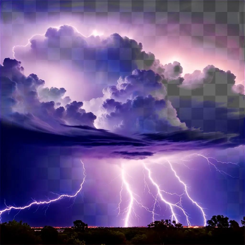 Storm clouds fill the sky with purple lightning