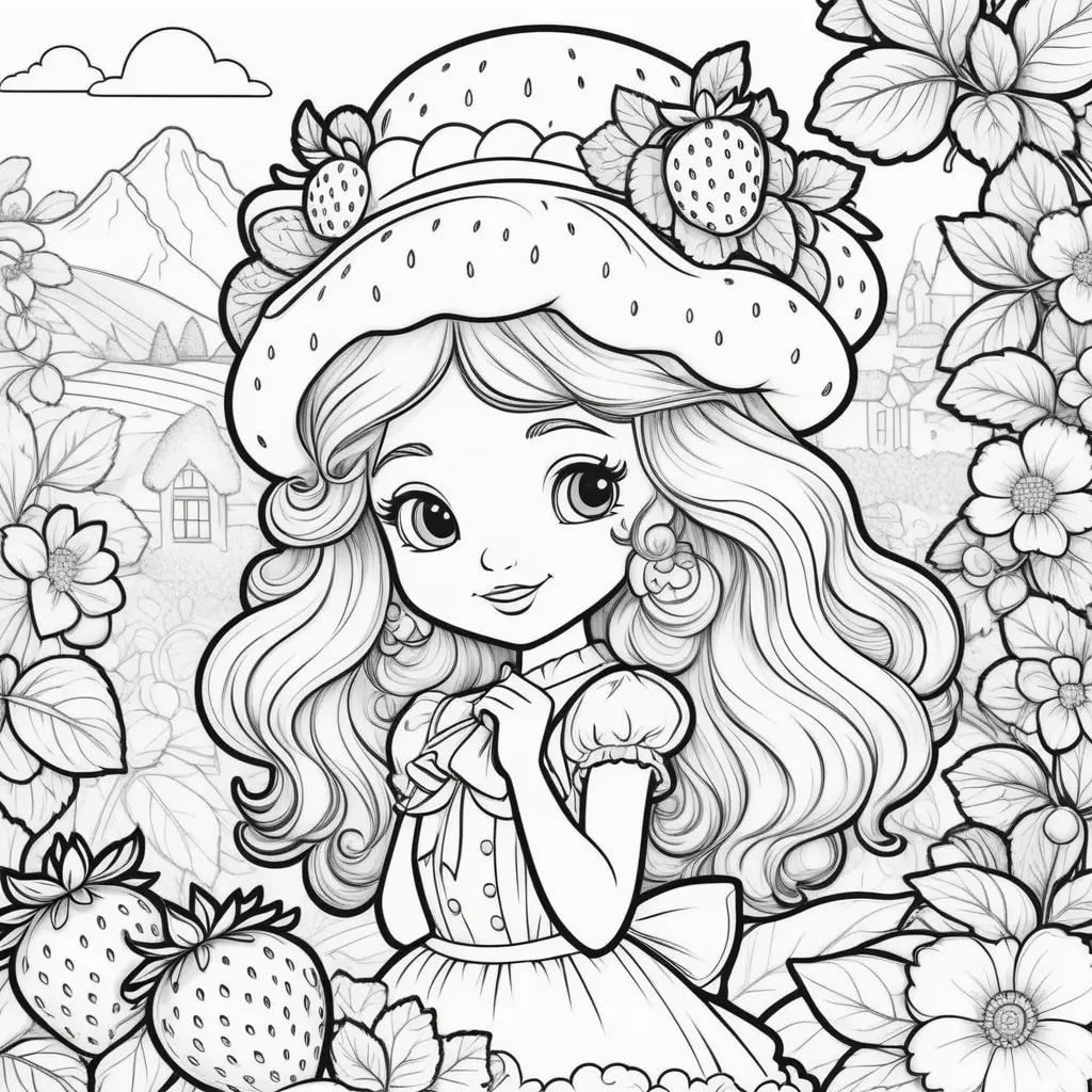 Strawberry Shortcake Coloring Pages Featuring Cute Cartoon Characters and Beautiful Flowers