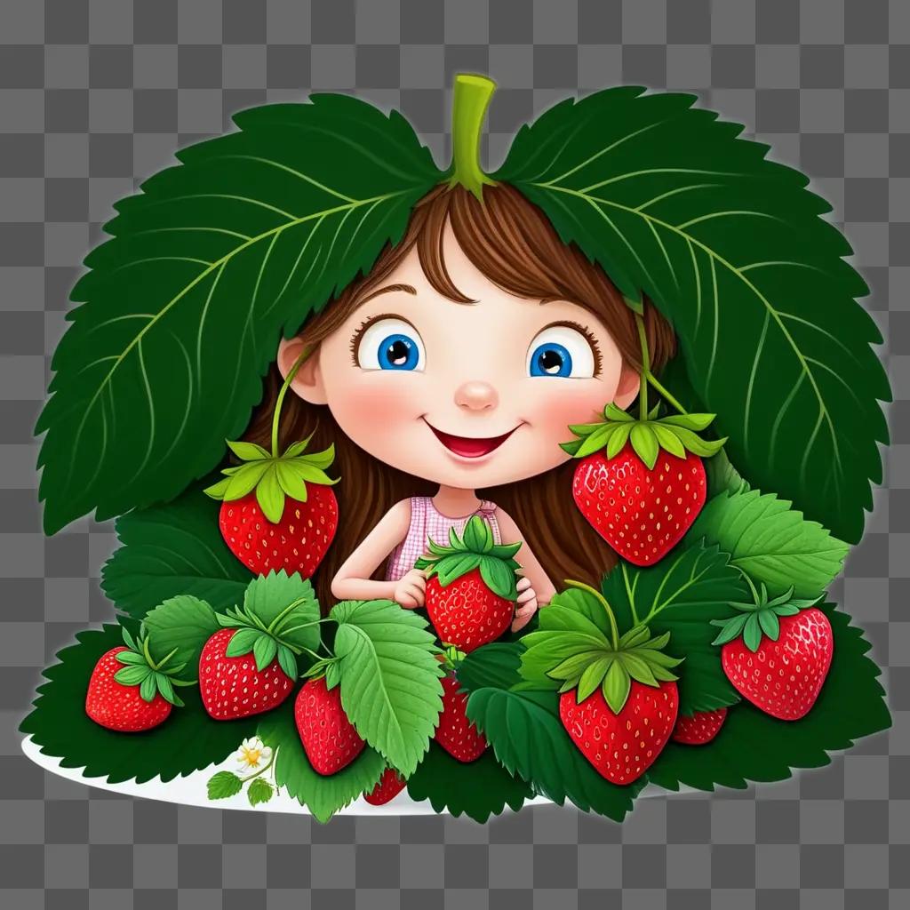 Strawberry drawing for kids - a cute girl with a strawberry hat and a bunch of strawberries