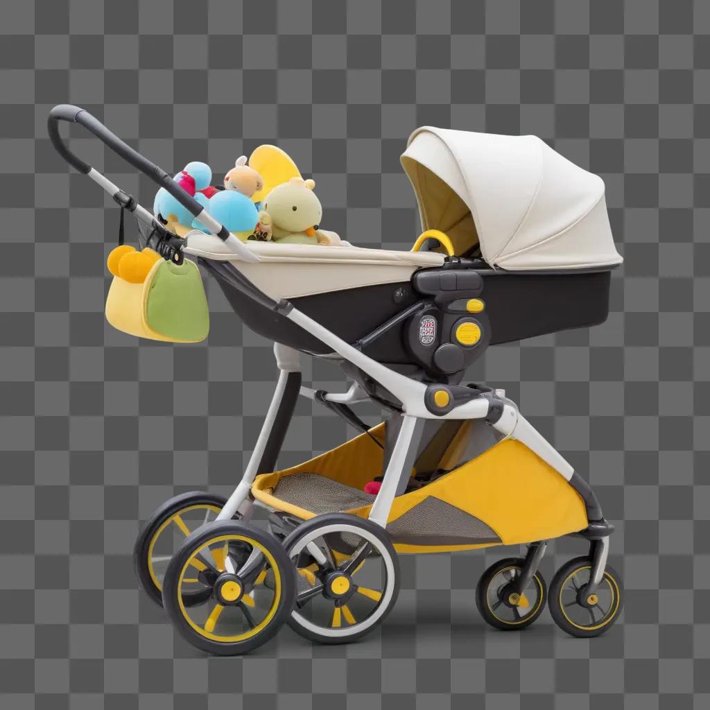 Stroller with stuffed animals on top and light reflecting off it