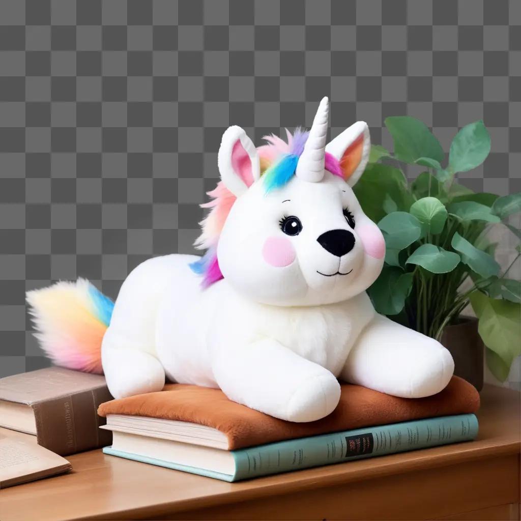 Stuffed animal on books on desk next to plant