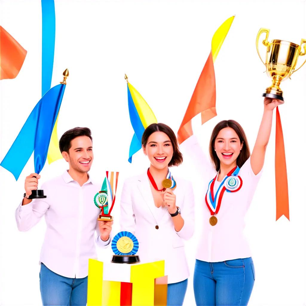 Successful winners holding flags and medals