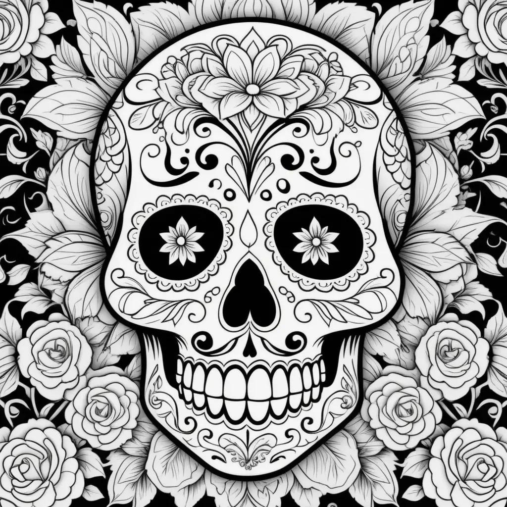 Sugar skull coloring pages with black and white flowers