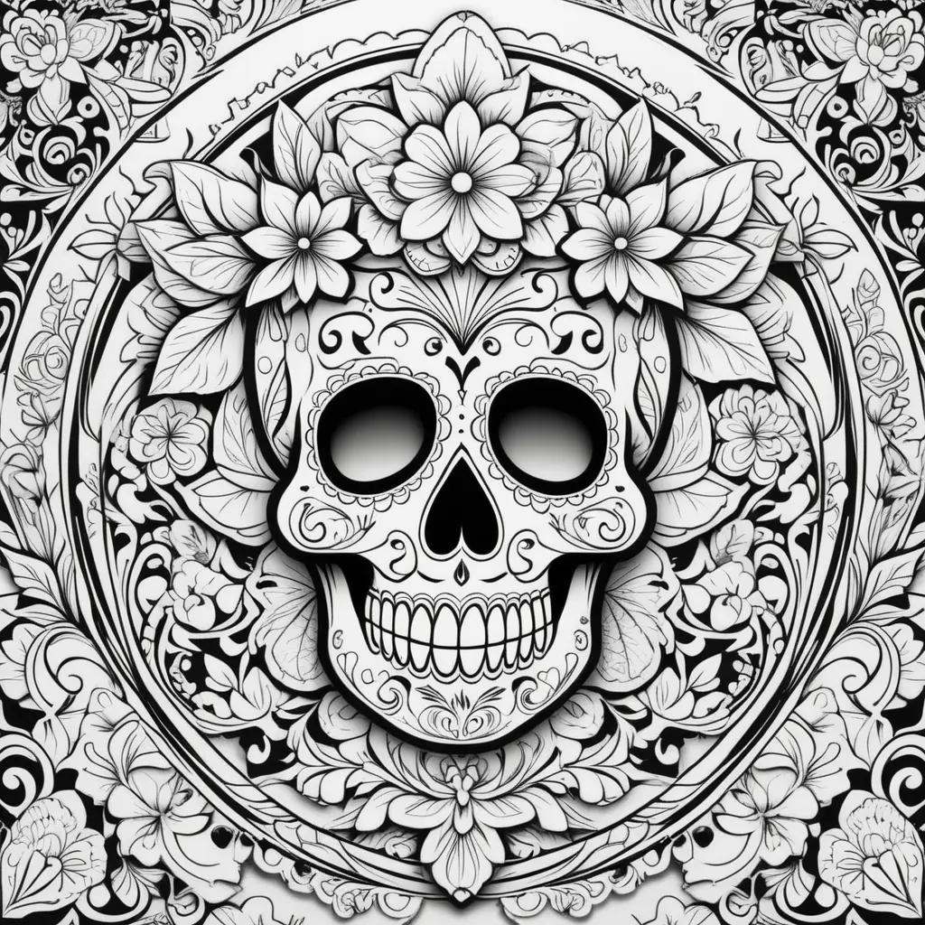 Sugar skulls with flowers on a dia de los muertos coloring page